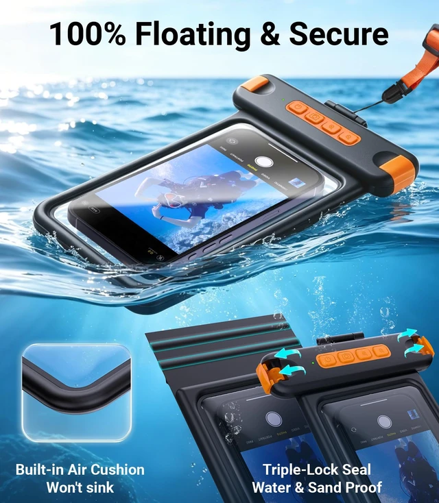 Alt view image 6 of 7 - IP68 Waterproof Phone Pouch with Bluetooth Shutter,Floating,Black | Capture Photos & Videos Underwater Hands-Free.Universal Large Case Fits Phones up to 8.5",Including iPhone Samsung Google