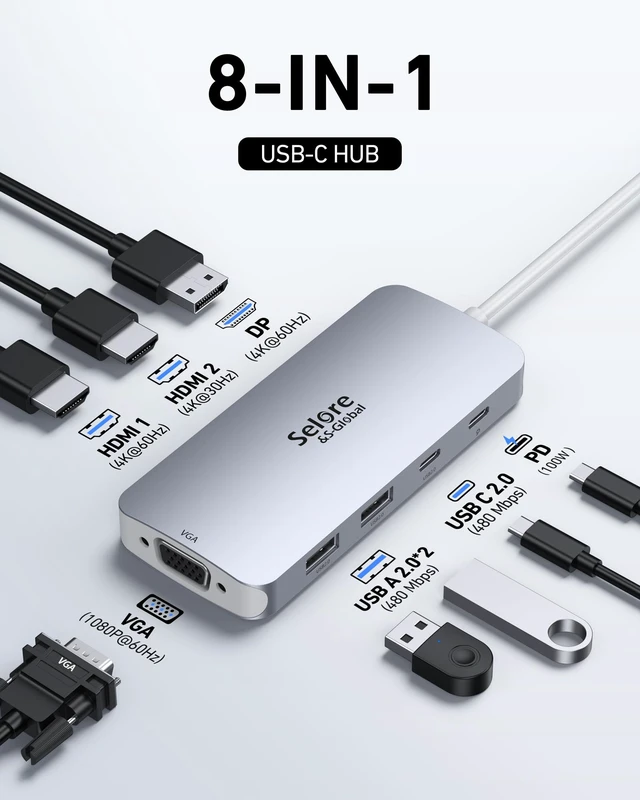 Alt view image 2 of 7 - USB C Docking Station Dual HDMI Monitor Adapter Selore USB C Hub 4 Monitors | Docking Station with Dual HDMI, Displayport, VGA, 100W PD Charging, 3USB 2.0 Ports Adapter for Dell XPS,HP
