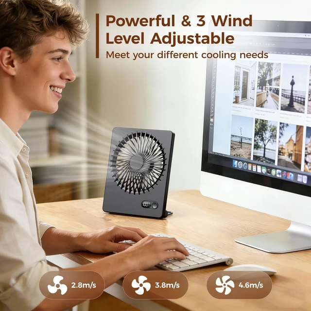 Alt view image 2 of 7 - Desk Fan Small Rechargeable Battery Table Fans for travel Ultra Quiet | 180° Tilt Folding, LED Dislay, Portable Fan Slim Design, 3 Speed Adjustable, for Office Bedroom Desktop, Cruise Essentials