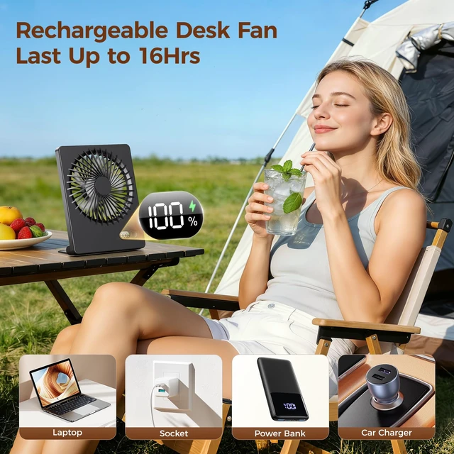Alt view image 3 of 7 - Desk Fan Small Rechargeable Battery Table Fans for travel Ultra Quiet | 180° Tilt Folding, LED Dislay, Portable Fan Slim Design, 3 Speed Adjustable, for Office Bedroom Desktop, Cruise Essentials