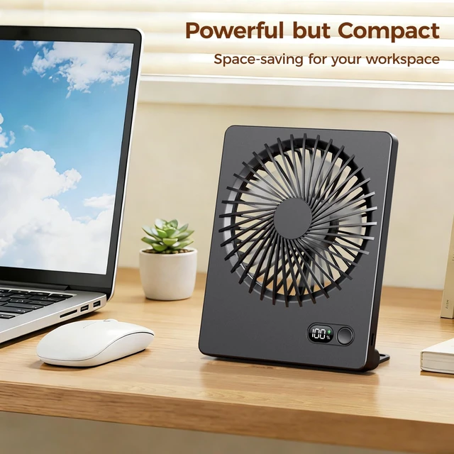 Alt view image 4 of 7 - Desk Fan Small Rechargeable Battery Table Fans for travel Ultra Quiet | 180° Tilt Folding, LED Dislay, Portable Fan Slim Design, 3 Speed Adjustable, for Office Bedroom Desktop, Cruise Essentials