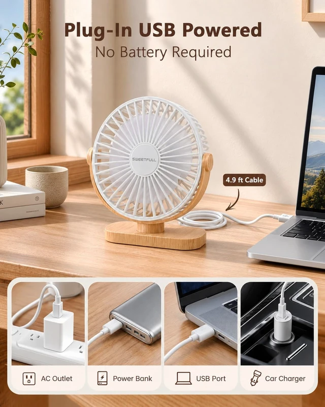 Alt view image 4 of 5 - Small USB Desk Fan, Desktop Table Fan, Quiet Office Mini - White | 5.8" Personal Fan; 3 Speeds; 360° Adjustable; 25dB; 10oz; USB Powered; Stable Base; Easy Cleaning-Home & Cooling; Retro Decor