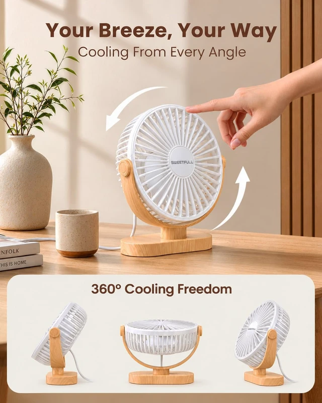 Alt view image 5 of 5 - Small USB Desk Fan, Desktop Table Fan, Quiet Office Mini - White | 5.8" Personal Fan; 3 Speeds; 360° Adjustable; 25dB; 10oz; USB Powered; Stable Base; Easy Cleaning-Home & Cooling; Retro Decor