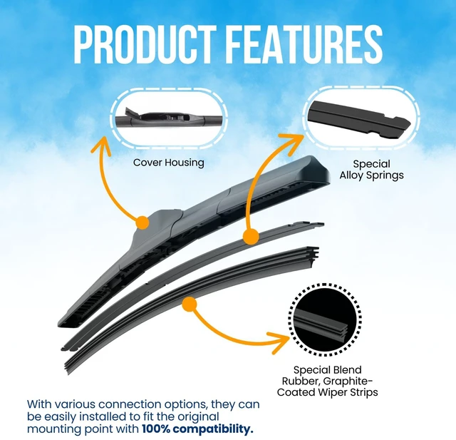 Alt view image 5 of 7 - Silbak Wiper Blade Set compatible with Hyundai Accent Sedan 2012-2017, Front 2-Piece, Driver 26 in, Passenger 16 in