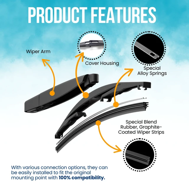 Alt view image 5 of 7 - MAXTEL Rear Wiper Blade & Arm compatible with Ford C-MAX 2013-2018, Size 12.01 in (305 mm), Black, 1-Year Manufacturer Warranty