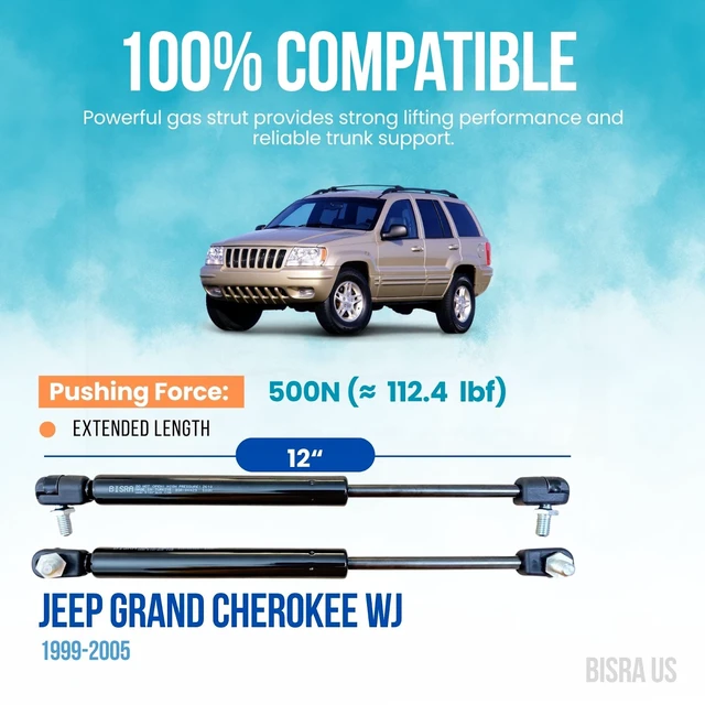 Alt view image 2 of 5 - BISRA Front Hood Gas Struts compatible with Jeep Grand Cherokee WJ 1999-2005, 500N (112.4 lbf) Pushing Force, 12 in (304.8 mm) Extended Length, Set of Two