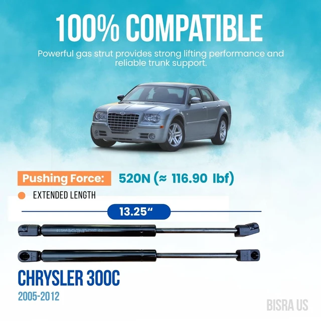 Alt view image 2 of 5 - BISRA Front Hood Struts, Gas Strut compatible with Chrysler 300C 2005-2012, 520N (116.90 lbf), Extended Length 13.25 in (336.6 mm), Set of 2, Made in Turkey