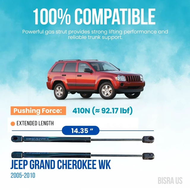 Alt view image 2 of 5 - BISRA Front Hood Gas Struts Compatible with Jeep Grand Cherokee WK 2005-2010, 410N (92.17 lbf), 14.35 in (364.5 mm) Extended Length, Set of 2