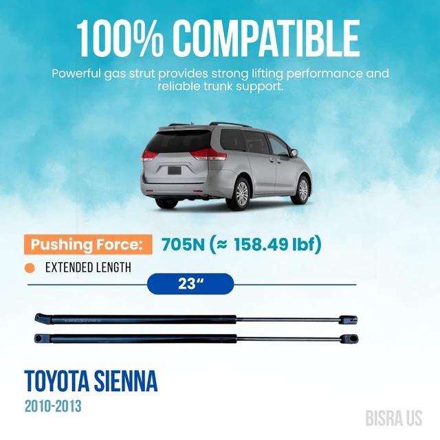 Alt view image 2 of 5 - BISRA Trunk Gas Strut Compatible with Toyota Sienna 2010-2013 Rear Hatch Struts, 705N (158.49 lbf), Extended Length 23 in (584.2 mm), Set of 2