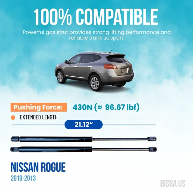 Alt view image 2 of 5 - BISRA Trunk Gas Struts Compatible with Nissan Rogue 2010-2013 Rear Hatch Struts, 430N Pushing Force, 21.12 in (536.45 mm) Extended Length, Set of Two