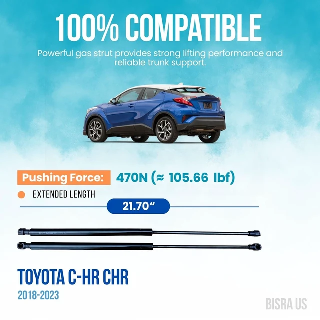 Alt view image 2 of 5 - BISRA Trunk Gas Strut compatible with Toyota C-HR CHR 2018-2023 Rear Hatch Struts 470N 21.70in (551.18mm) Set of 2 Made in Turkey