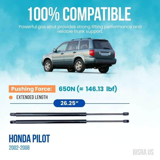 Alt view image 2 of 5 - BISRA Trunk Gas Strut Compatible with Honda Pilot 2002-2008 Rear Hatch Struts 650N ( 146.13 lbf) 26.25 in (666.75 mm) Extended, Set of Two