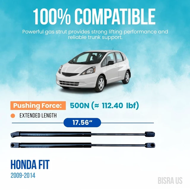 Alt view image 2 of 5 - BISRA Trunk Gas Strut Compatible with Honda Fit 2009-2014 Rear Hatch Struts 500N (112.40 lbf) Extended Length 17.56 in (446 mm) Set of 2