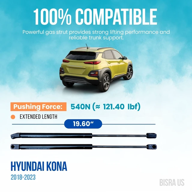 Alt view image 2 of 5 - BISRA Trunk Gas Strut compatible with Hyundai Kona 2018-2023 Rear Hatch Struts R&L Set of 2, 540N Pushing Force, Extended Length 19.60 in (497.8 mm)