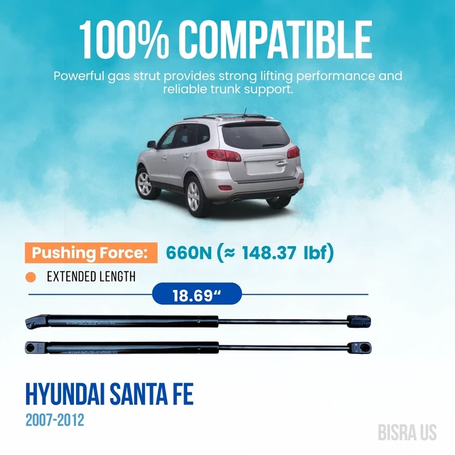 Alt view image 2 of 5 - BISRA Trunk Gas Strut Compatible with Hyundai Santa Fe 2007-2012, Set of 2 Rear Hatch Struts, 660N (148.37 lbf), 18.69 in (474.73 mm)
