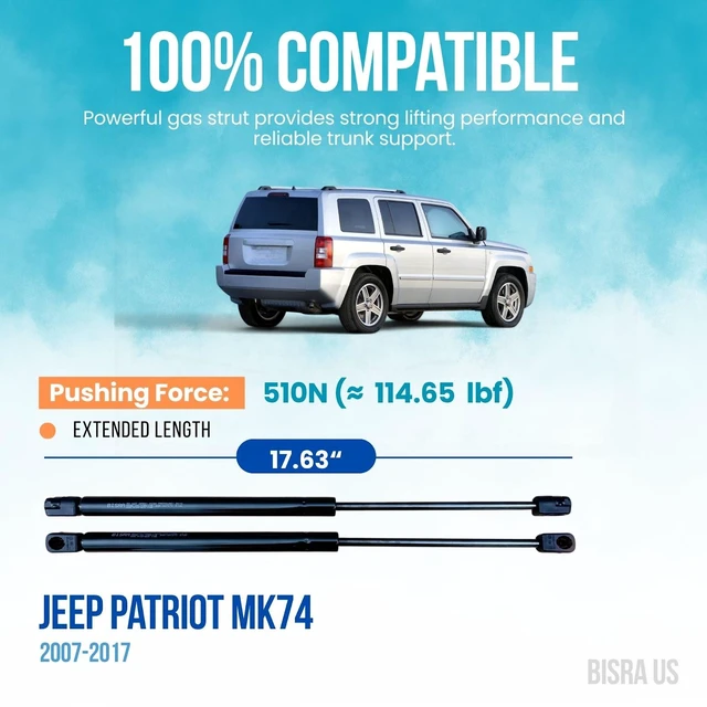 Alt view image 2 of 5 - BISRA Rear Trunk Gas Strut Compatible with Jeep Patriot MK74 2007-2017 Rear Hatch Struts Set of 2 510N 17.63in 447.8mm