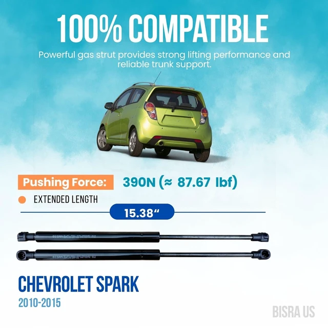 Alt view image 2 of 5 - BISRA Trunk Gas Strut compatible with Chevrolet Spark 2010-2015 Rear Hatch Struts Set of Two 390N (87.67 lbf) Extended Length 15.38 in (390.65 mm)