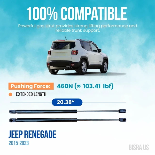 Alt view image 2 of 5 - BISRA Trunk Gas Struts compatible with Jeep Renegade 2015-2023 Rear Hatch Struts, 460N (103.41 lbf) Pushing Force, Extended Length 20.38 in (517.65 mm), Set of 2