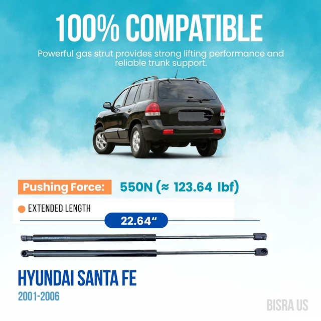 Alt view image 2 of 5 - BISRA Trunk Gas Strut compatible with Hyundai Santa Fe 2001-2006 Rear Hatch Struts Set of 2 550N 22.64 in (575 mm)