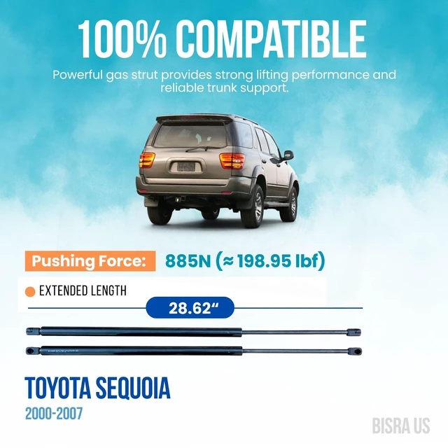 Alt view image 2 of 5 - BISRA Trunk Gas Strut Compatible with Toyota Sequoia 2000-2007 Rear Hatch Struts, 885N (198.95 lbf), 28.62 in (727 mm) Extended Length, Set of 2