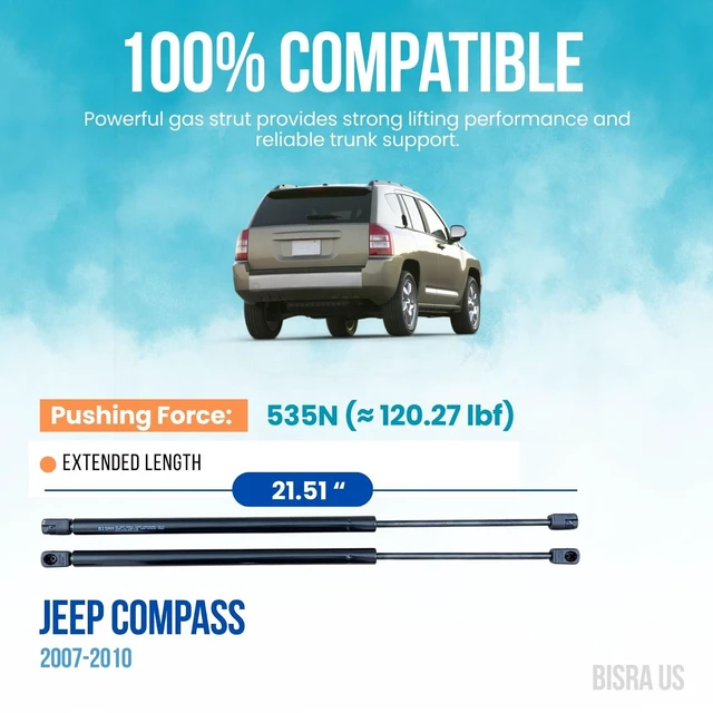 Alt view image 2 of 5 - BISRA Trunk Gas Strut Compatible with Jeep Compass 2007-2010 Rear Hatch Struts, 2-Piece Set, 535N, Extended Length 21.51 in (546.35 mm)