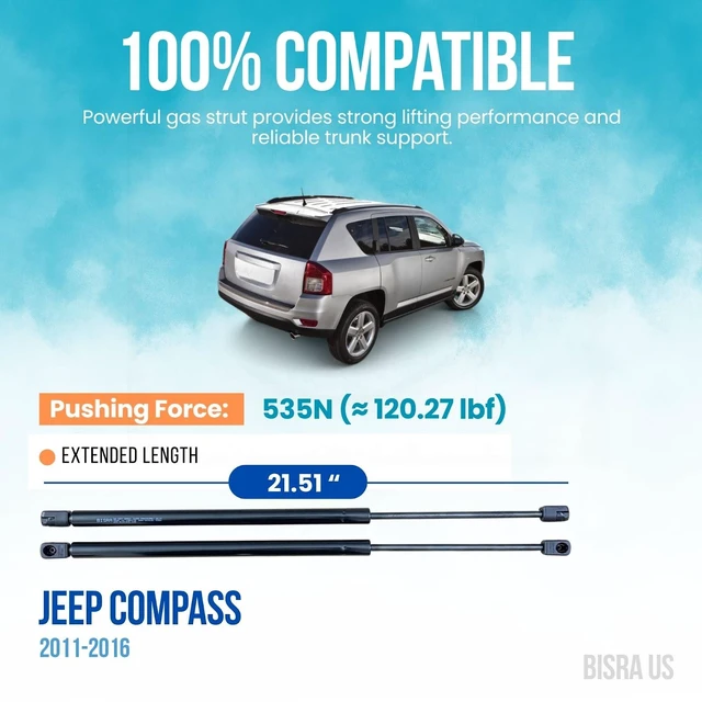 Alt view image 5 of 5 - BISRA Trunk Gas Strut compatible with Jeep Compass 2011-2016 Rear Trunk Lid Support, 535N (120.27 lbf), 21.51 in (546.4 mm) Extended Length, 2-Pack Set