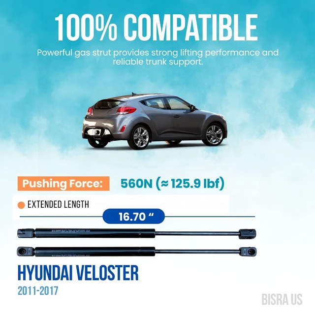 Alt view image 2 of 5 - BISRA Trunk Gas Strut, Compatible with Hyundai Veloster 2011-2017, Rear Hatch Struts 2-Pack Set, 560N (125.9 lbf), 16.70 in (424.2 mm) Extended Length