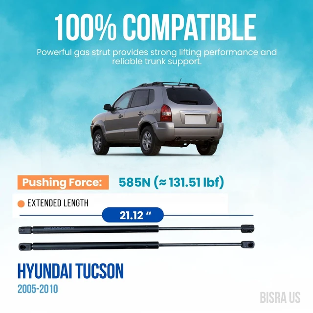Alt view image 2 of 5 - BISRA Trunk Gas Strut, compatible with Hyundai Tucson 2005-2010, 2-Piece Set Rear Hatch Struts, 585N (131.51 lbf) Pushing Force, 21.12 in (536.45 mm) Extended Length