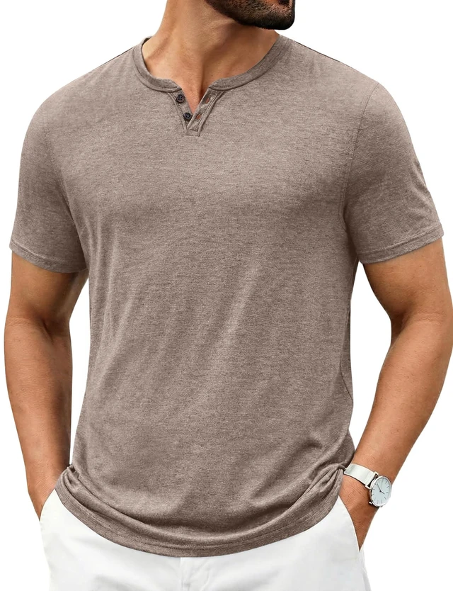 Main image of Men's Soft T Shirts Short Sleeve Burnout Notch Neck Tee Shirt Casual Stylish Summer Wear Khaki