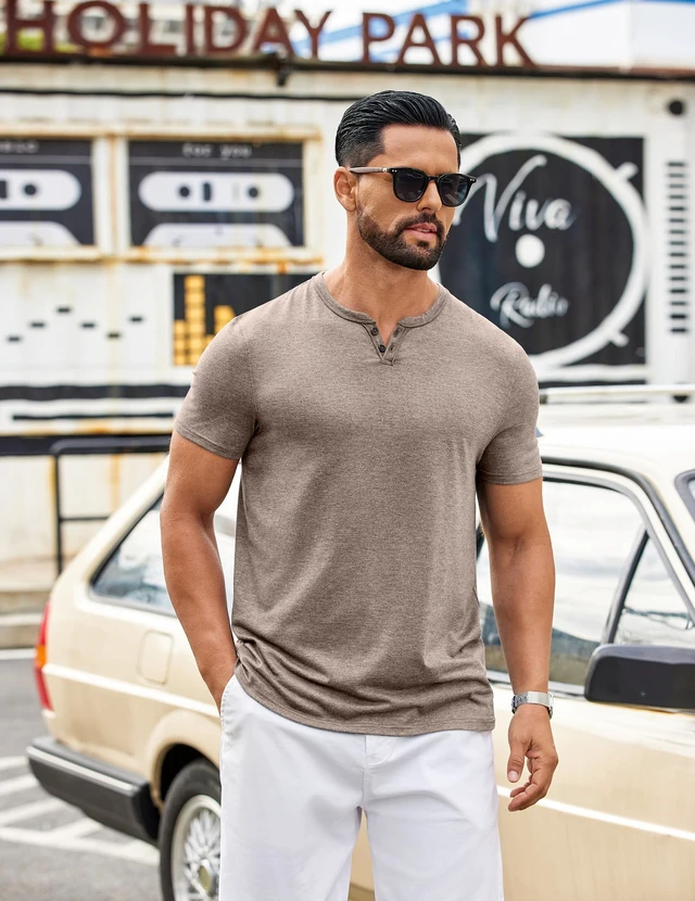 Alt view image 2 of 6 - Men's Soft T Shirts Short Sleeve Burnout Notch Neck Tee Shirt Casual Stylish Summer Wear Khaki