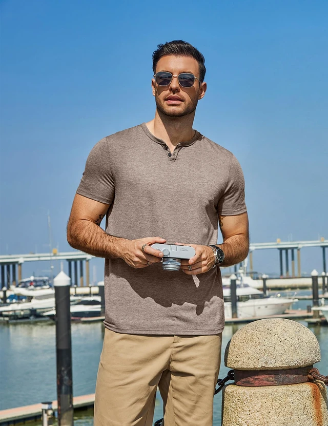 Alt view image 3 of 6 - Men's Soft T Shirts Short Sleeve Burnout Notch Neck Tee Shirt Casual Stylish Summer Wear Khaki