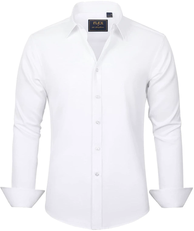 Main image of Men's Dress Shirts Solid Long Sleeve Stretch Wrinkle-Free Formal Shirt Business Casual Button Down Shirts White Large