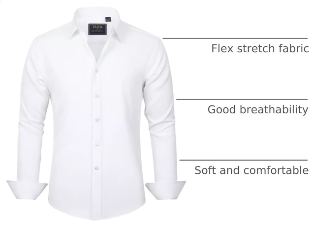 Alt view image 4 of 6 - Men's Dress Shirts Solid Long Sleeve Stretch Wrinkle-Free Formal Shirt Business Casual Button Down Shirts White Large