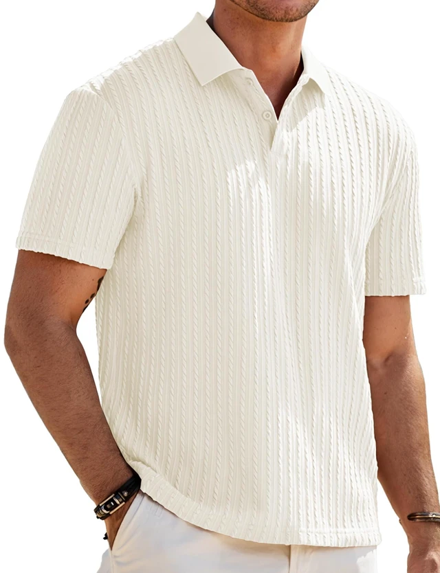 Main image of Men's Textured Polo Shirt Short Sleeve, Beige, L | Soft Stretch Fabric, Lightweight, Knit Feel, Short Sleeve Golf Polo, Regular Fit, Casual Summer Vacation Beach Shirt