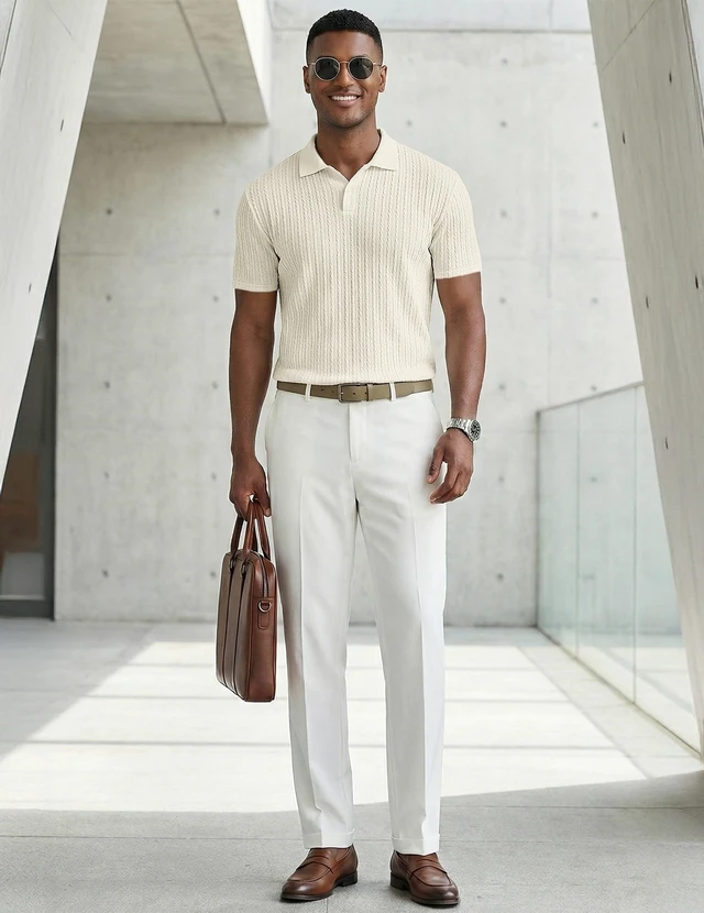 Alt view image 4 of 7 - Men's Textured Polo Shirt Short Sleeve, Beige, L | Soft Stretch Fabric, Lightweight, Knit Feel, Short Sleeve Golf Polo, Regular Fit, Casual Summer Vacation Beach Shirt