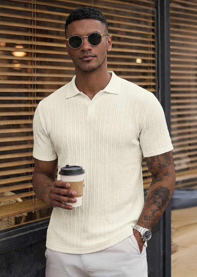 Alt view image 3 of 7 - Men's Textured Polo Shirt Short Sleeve, Beige, L | Soft Stretch Fabric, Lightweight, Knit Feel, Short Sleeve Golf Polo, Regular Fit, Casual Summer Vacation Beach Shirt