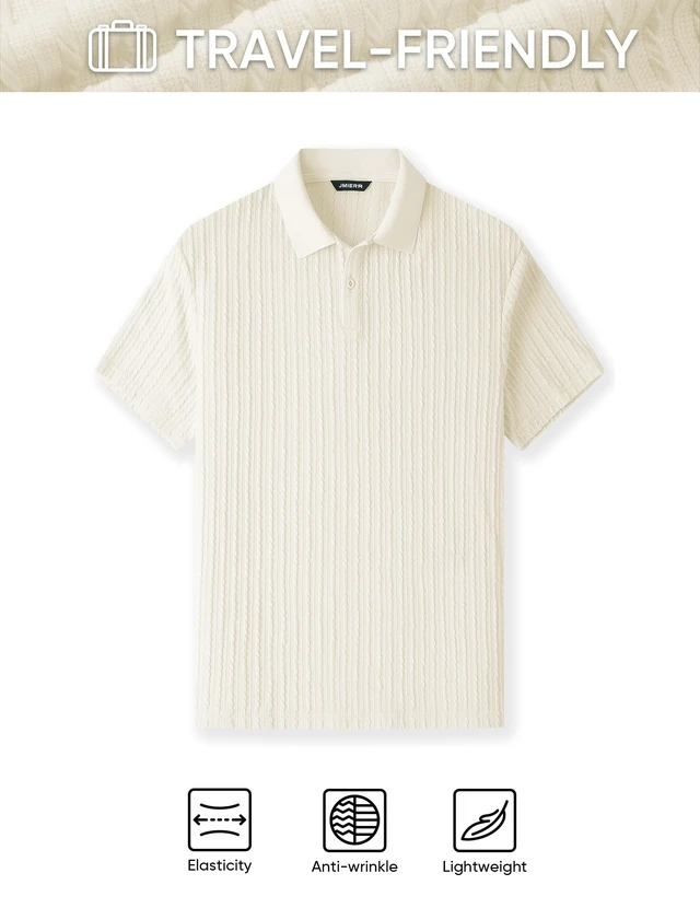 Alt view image 5 of 7 - Men's Textured Polo Shirt Short Sleeve, Beige, L | Soft Stretch Fabric, Lightweight, Knit Feel, Short Sleeve Golf Polo, Regular Fit, Casual Summer Vacation Beach Shirt