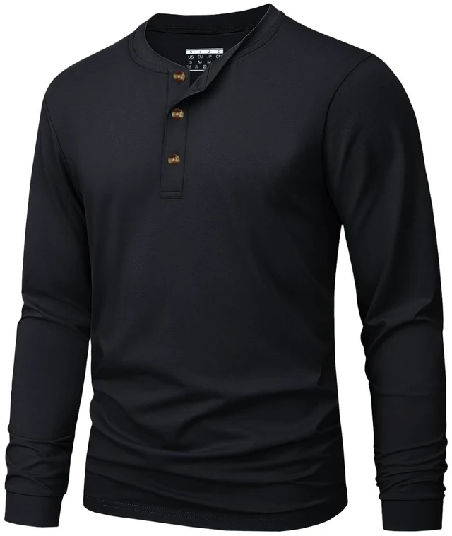 Main image of Mens Long Sleeve Henley Shirt Cotton T-Shirts Basic Tops Black L | Pure combed cotton, soft and comfortable, 3 button henley collar, tag-free, ribbed cuffs, great for casual everyday wear
