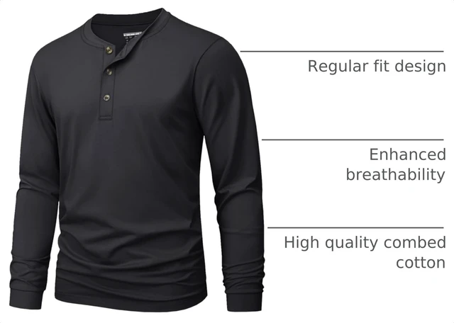 Alt view image 4 of 7 - Mens Long Sleeve Henley Shirt Cotton T-Shirts Basic Tops Black L | Pure combed cotton, soft and comfortable, 3 button henley collar, tag-free, ribbed cuffs, great for casual everyday wear