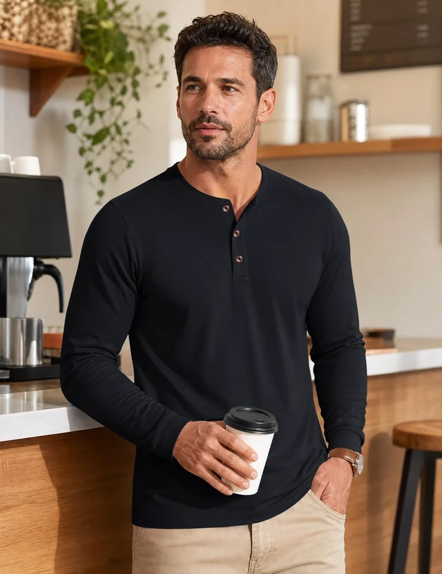 Alt view image 2 of 7 - Mens Long Sleeve Henley Shirt Cotton T-Shirts Basic Tops Black L | Pure combed cotton, soft and comfortable, 3 button henley collar, tag-free, ribbed cuffs, great for casual everyday wear
