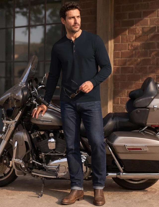 Alt view image 5 of 7 - Mens Long Sleeve Henley Shirt Cotton T-Shirts Basic Tops Black L | Pure combed cotton, soft and comfortable, 3 button henley collar, tag-free, ribbed cuffs, great for casual everyday wear