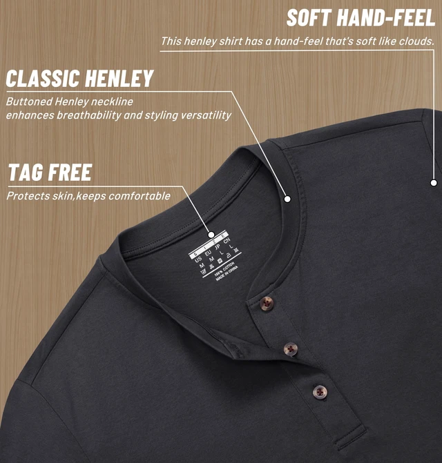 Alt view image 7 of 7 - Mens Long Sleeve Henley Shirt Cotton T-Shirts Basic Tops Black L | Pure combed cotton, soft and comfortable, 3 button henley collar, tag-free, ribbed cuffs, great for casual everyday wear