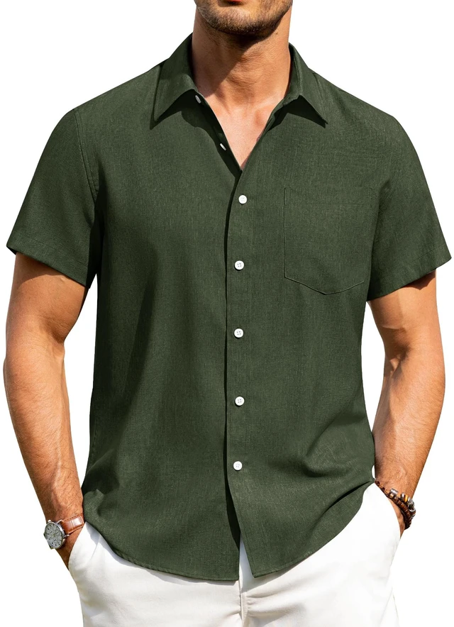 Main image of Mens Linen Shirts Short Sleeve Button Down Shirts Wrinkle Free Casual Vacation Beach Summer Tops,Olive Green,L