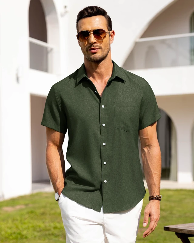 Alt view image 3 of 6 - Mens Linen Shirts Short Sleeve Button Down Shirts Wrinkle Free Casual Vacation Beach Summer Tops,Olive Green,L