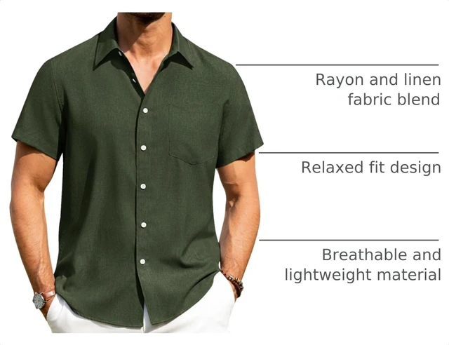 Alt view image 4 of 6 - Mens Linen Shirts Short Sleeve Button Down Shirts Wrinkle Free Casual Vacation Beach Summer Tops,Olive Green,L