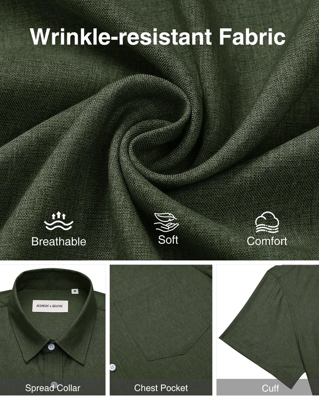 Alt view image 6 of 6 - Mens Linen Shirts Short Sleeve Button Down Shirts Wrinkle Free Casual Vacation Beach Summer Tops,Olive Green,L