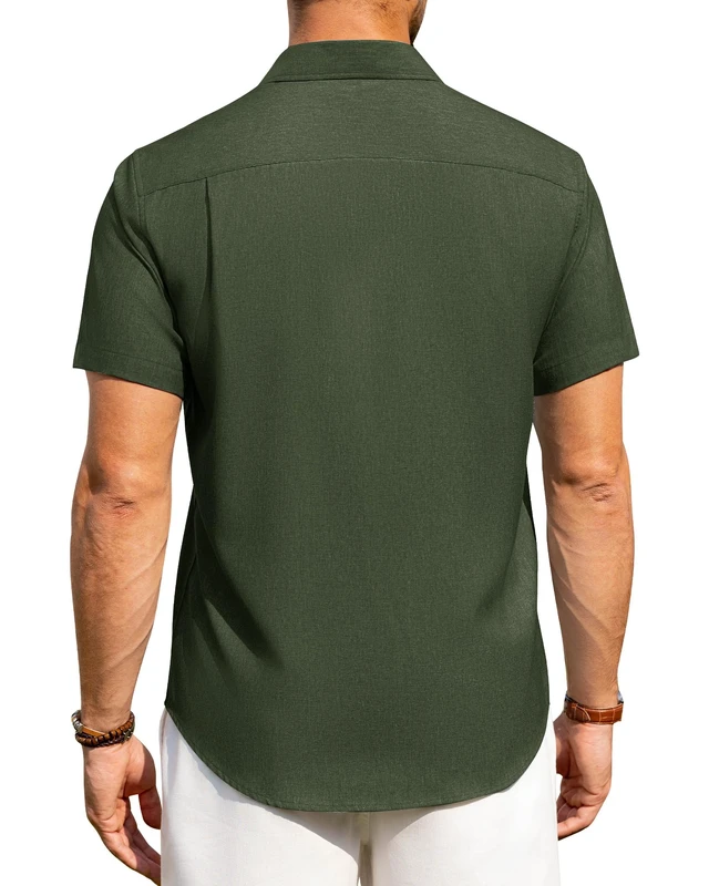 Alt view image 5 of 6 - Mens Linen Shirts Short Sleeve Button Down Shirts Wrinkle Free Casual Vacation Beach Summer Tops,Olive Green,L