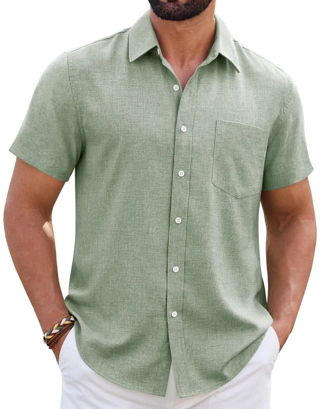 Main image of Light Green Mens Linen Shirt Short Sleeve Casual Wrinkle Free Untucked Button Down Shirts Summer Beach Tops L