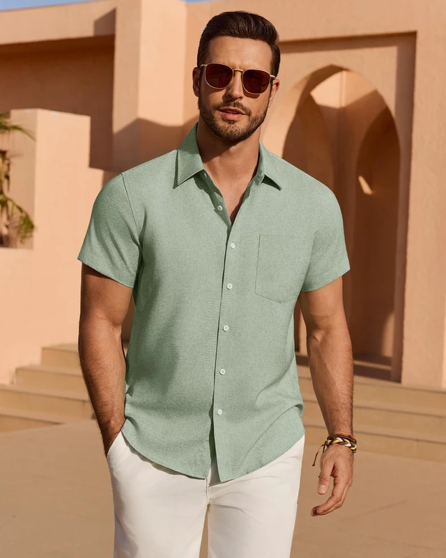 Alt view image 2 of 5 - Light Green Mens Linen Shirt Short Sleeve Casual Wrinkle Free Untucked Button Down Shirts Summer Beach Tops L