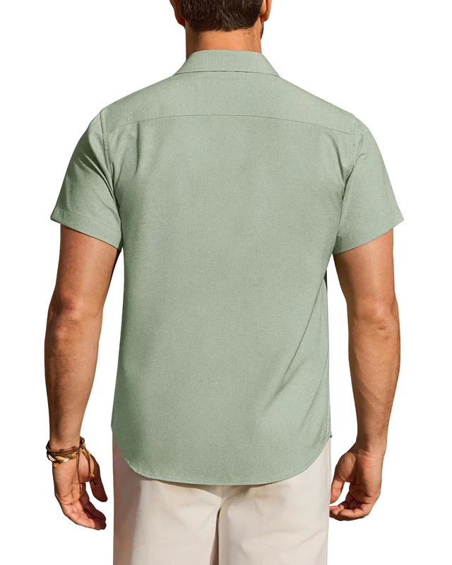 Alt view image 4 of 5 - Light Green Mens Linen Shirt Short Sleeve Casual Wrinkle Free Untucked Button Down Shirts Summer Beach Tops L